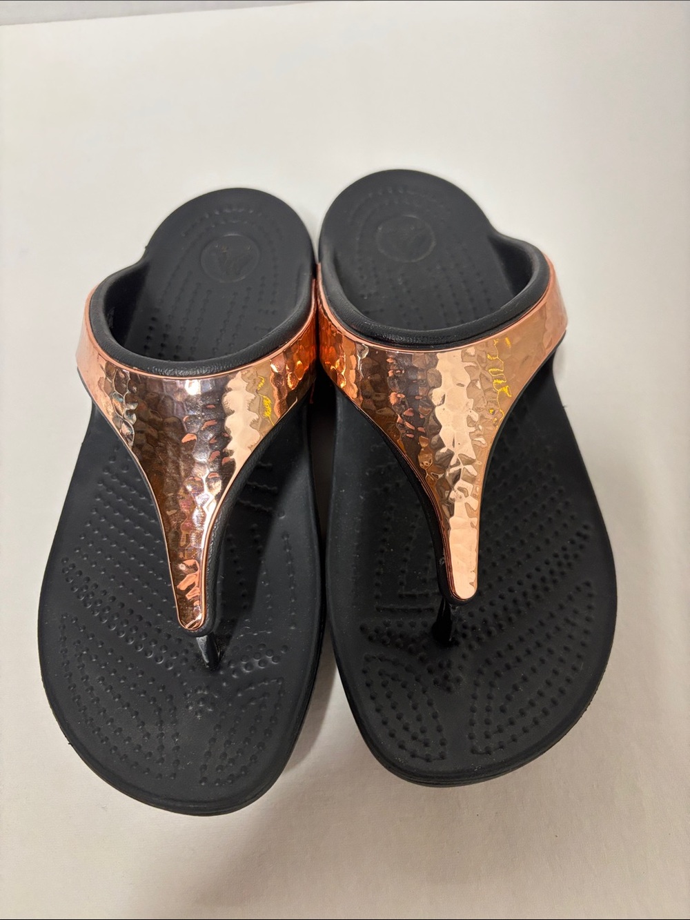 CROCS Women's Black Sandal with Rose Gold Metallic Strap